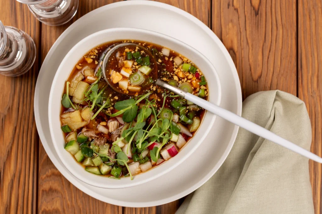 Bowl of Thai dipping sauce on wooden table