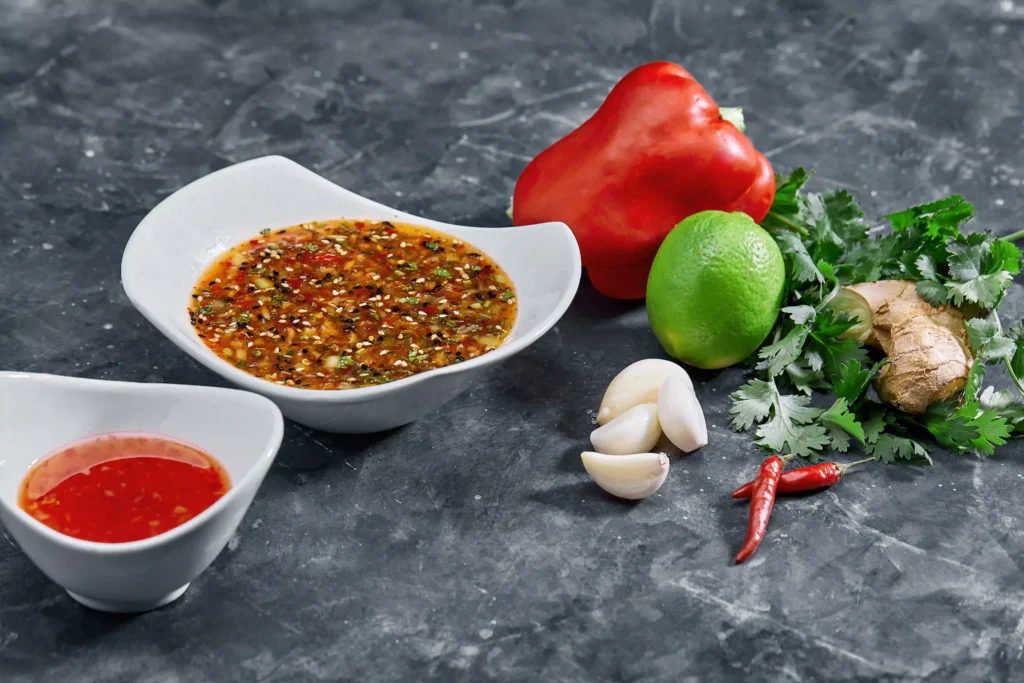 Fresh ingredients used to make Nam Jim Jaew
