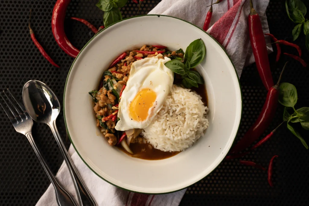 Pad Kra Pao with holy basil, rice and egg