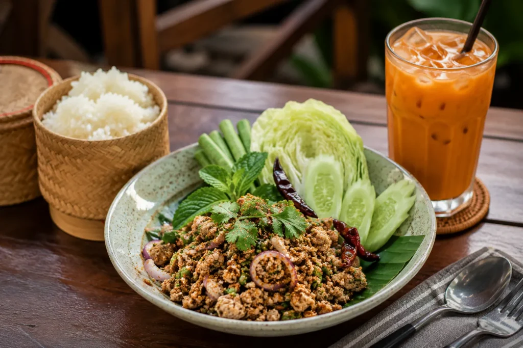 Thai Larb Salad served with Thai iced tea.