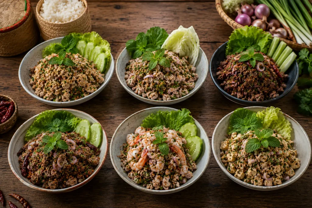 Different types of Thai Larb Salad