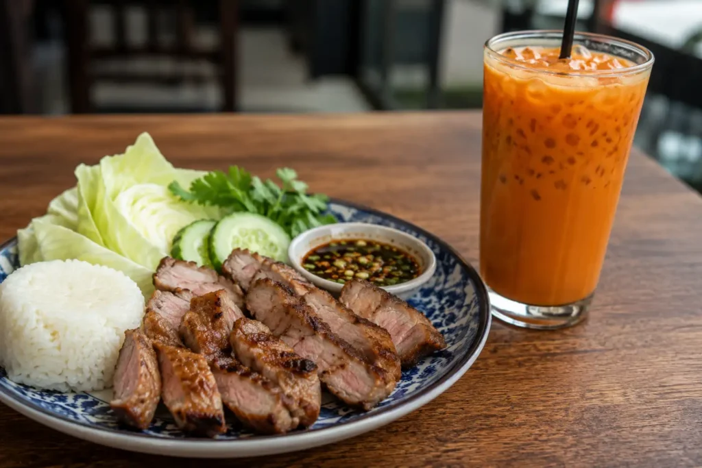 Kor Moo Yang served with Thai iced tea, sticky rice