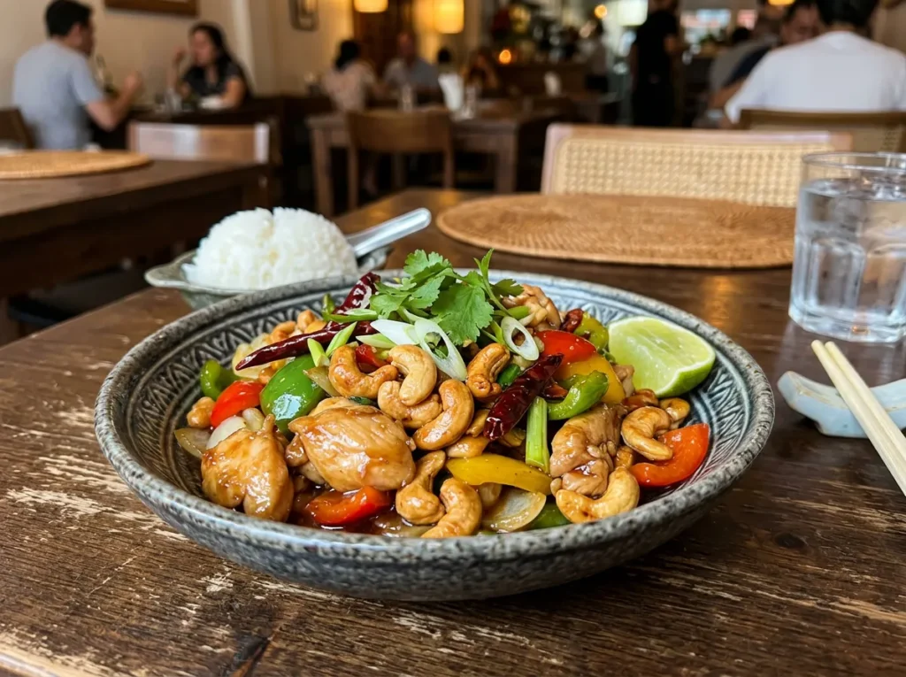 Thai Cashew Chicken served with rice at the restaurant