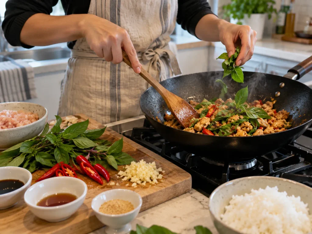 Woman preparing Thai Basil Chicken at home