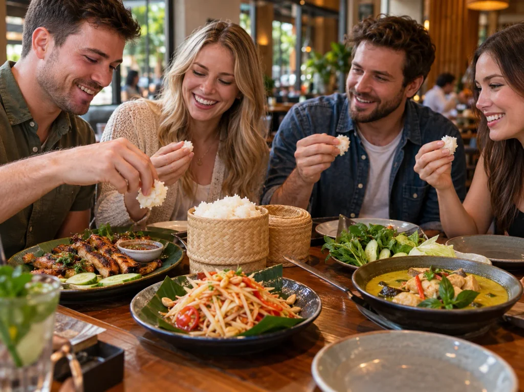 People enjoying Thai sticky rice and traditional Thai dishes at a restaurant