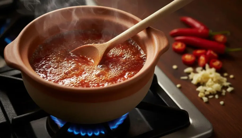 Homemade sweet chili sauce simmering with red chilies and garlic