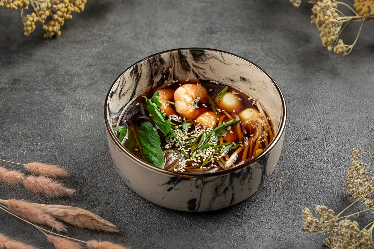 Bowl of Thai Boat Noodles with shrimps