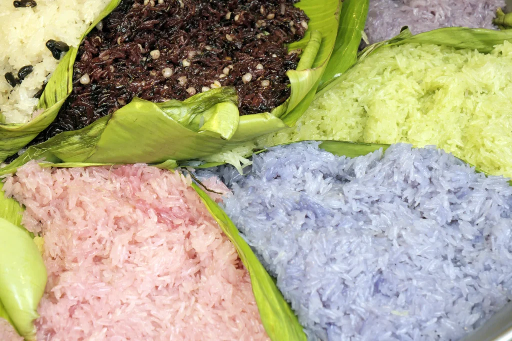 Types of Sticky Rice served on Green Banana Leaves