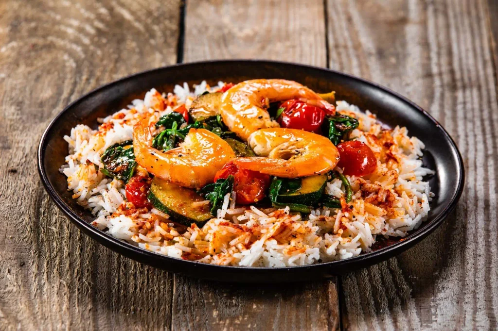 Sweet chili shrimp rice bowl with sweet chili sauce