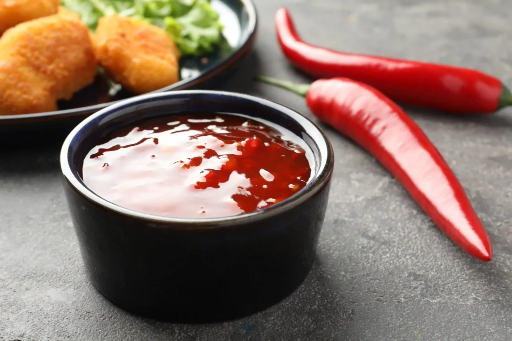 Spicy Sweet Chili Sauce in a Bowl With Fresh Red Peppers